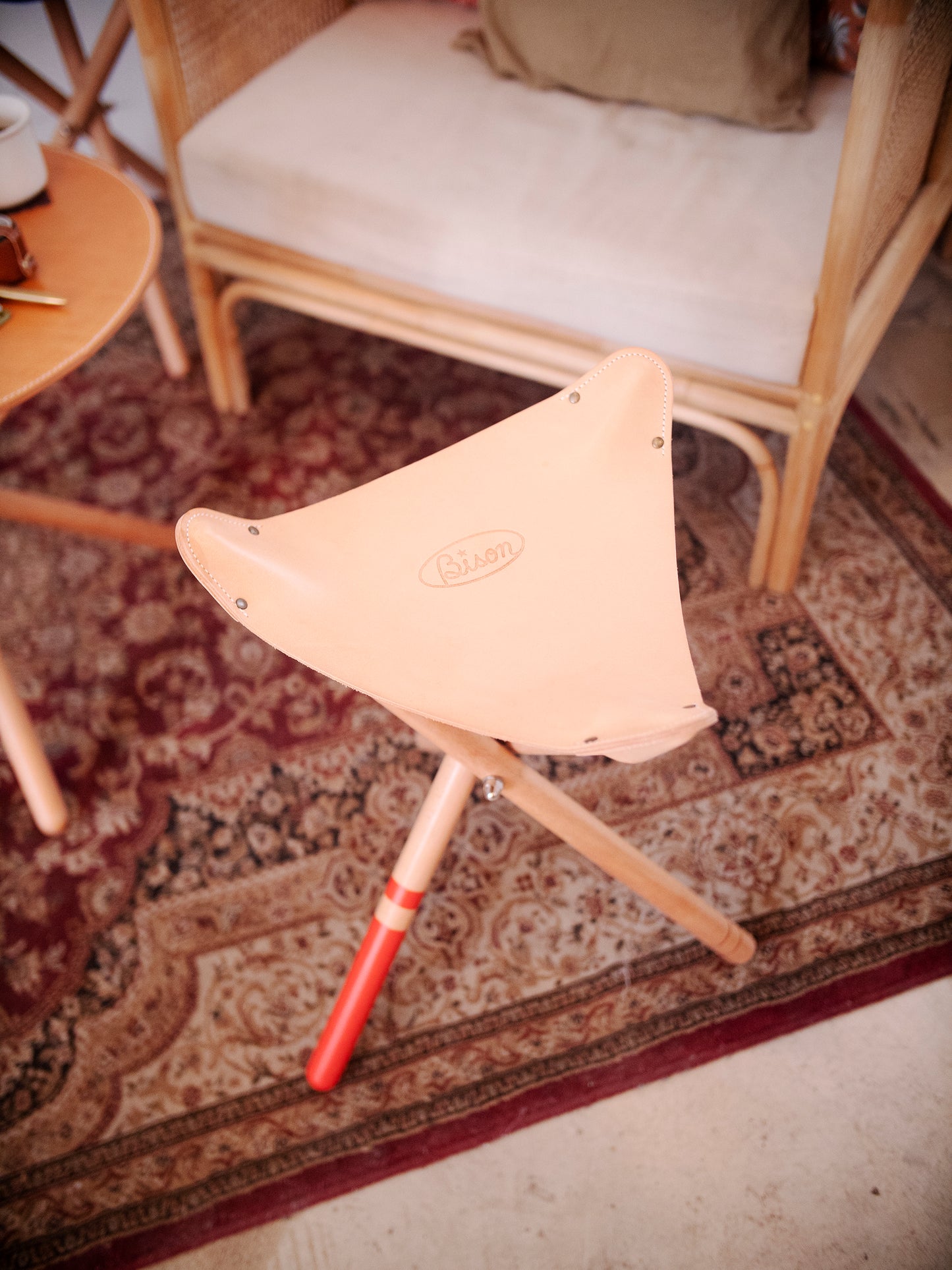 Bison Tripod Stool with Italian Vegetable Leather and Beech Wood